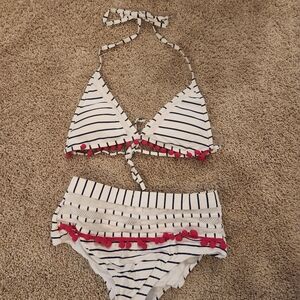 Striped White and Black Bikini with Red Accents